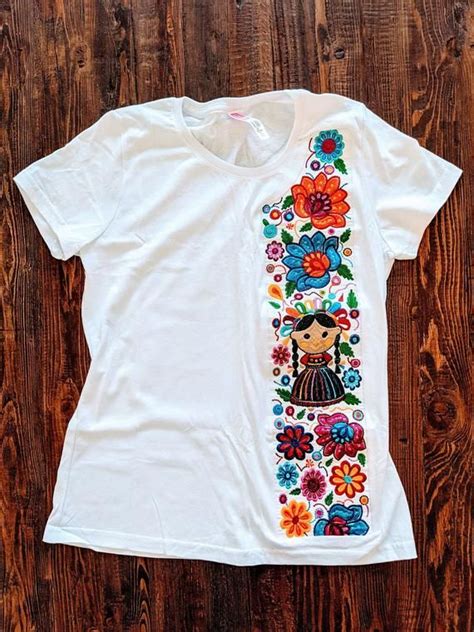 Embroidered White T Shirt With Mexican Design Etsy White Tshirt