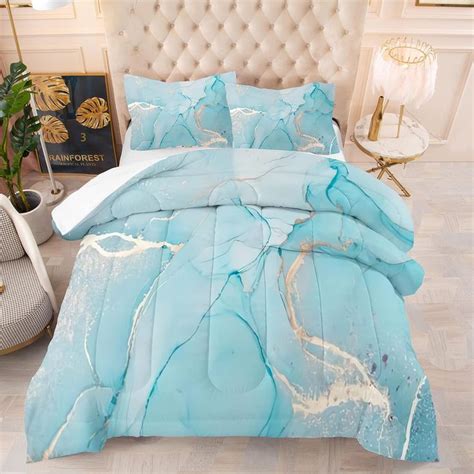 Edumeya Aqua Blue Marble Bedding Set Full Size For Girls Teens Adult Gold Glitter Abstract