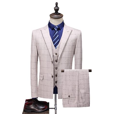 Mens 3 Piece Plaid Suit Slim Fit Wedding Prom Windowpane Tuxedos Suit