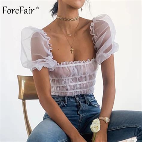 Forefair Sexy Puff Sleeve Top White Summer Sheer Off Shoulder Top See