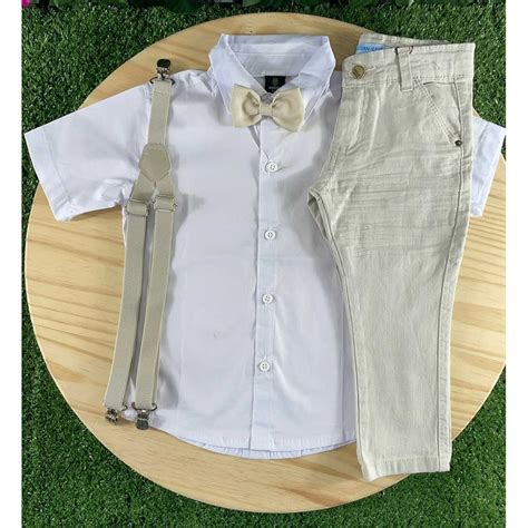 Calça Nude Camisa Manga Curta Branca Suspensório Gravata Batizado Pajem Casamento Formatura