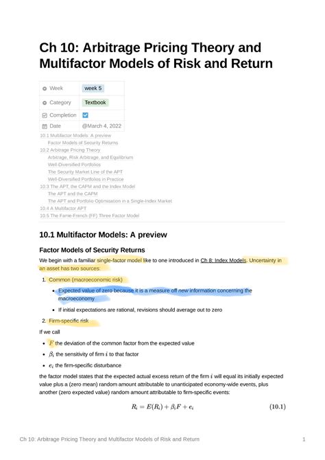 Ch 10 Arbitrage Pricing Theory And Multifactor Models Of Risk And