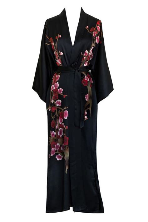 Silk Handpainted Cherry Blossom Long Kimono Robe Long Silk Kimono