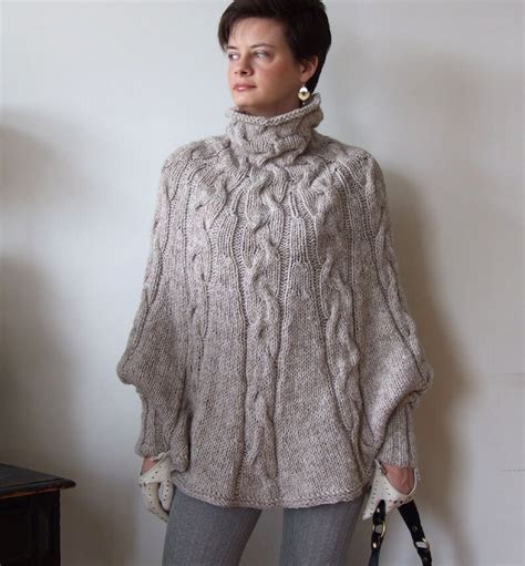 Hand Knitted Poncho Braided Cape Sweater Coffee Beige Poncho With