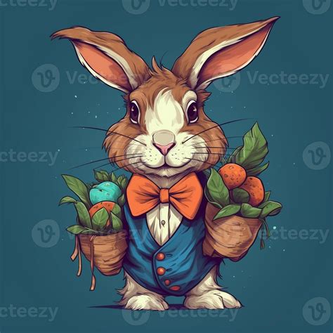 fluffy bunny brown , big floppy ears, wearing a colorful bow tie and