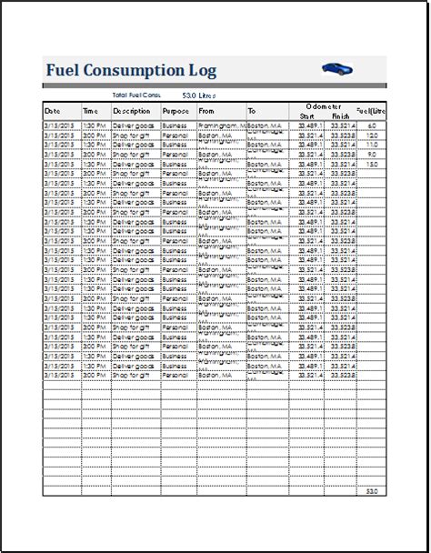 Fuel Consumption Log Template For Ms Excel And Calc Document Hub