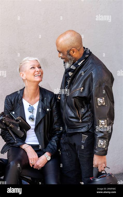 Cool Mature Biker Couple In Leather Clothes Stock Photo Alamy