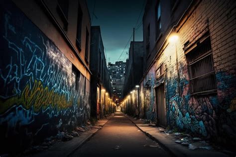 Premium AI Image | A dark alley with graffiti on the walls and a dark alley with a light on the ...