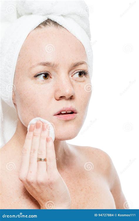 Girl After Shower In A Towel With A Cotton Disc Looks Stock Photo Image Of Nude Happy 94727884