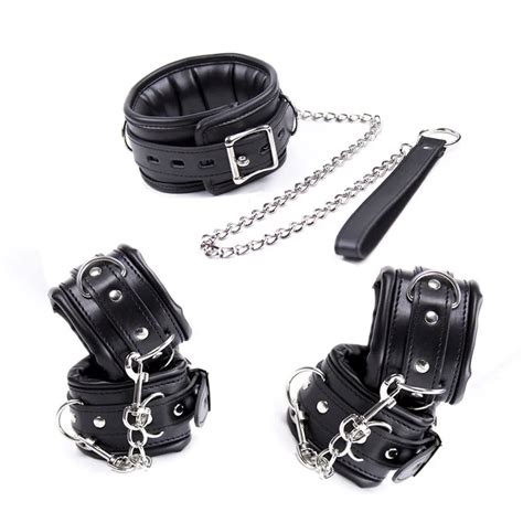 Leather Metail Soft Spong Sex Handcuffs Ankle Cuffs And Collar Drag