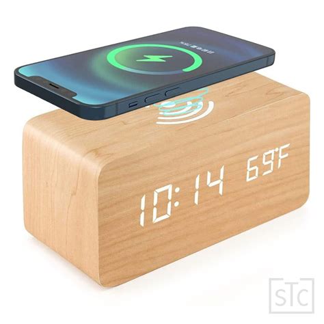 Modern Wooden Wood Digital Led Desk Alarm Clock Thermometer Qi Wireless