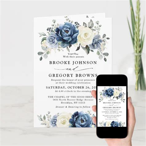 Dusty Blue Navy Champagne Ivory Floral Wedding Invitation Zazzle