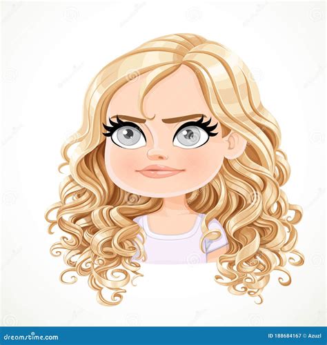 Beautiful Stubborn Cartoon Blond Girl With Magnificent Curly Hair Portrait Stock Vector