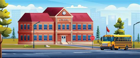 School building with yellow school bus on cityscape background vector ...