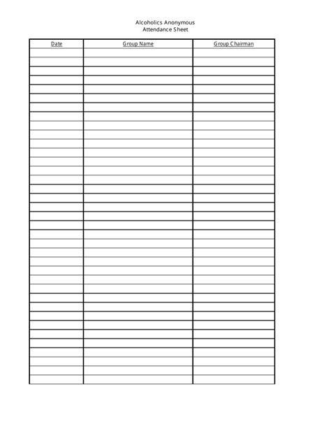 Alcoholics Anonymous Aa Attendance Sheet Template Three Columns Download Printable Pdf