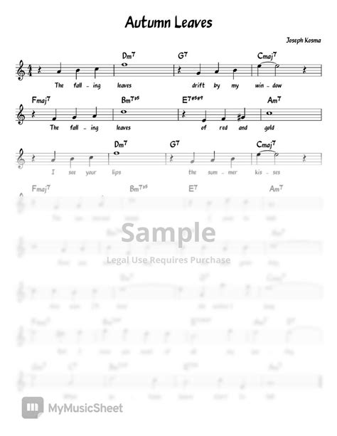 Joseph Kosma Autumn Leaves In C Chord Melody Lyrics Lead Sheet 악보 By Ukulelewenwen