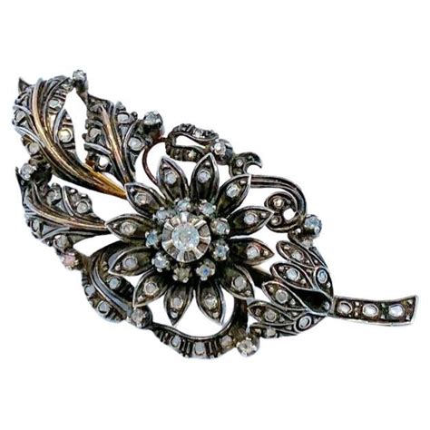 Antique Victorian Rose Cut Diamond Silver Gold Flower Spray Brooch For