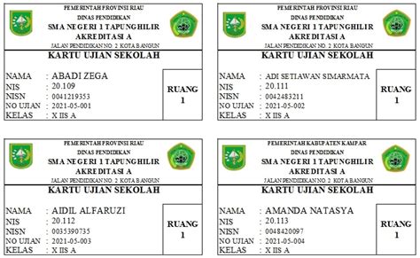 Kartu Ujian Sekolah Versi Word Dan Excel Terbaru