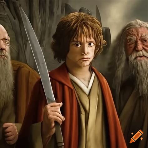 Bilbo Baggins And The Dwarves Standing With Swords