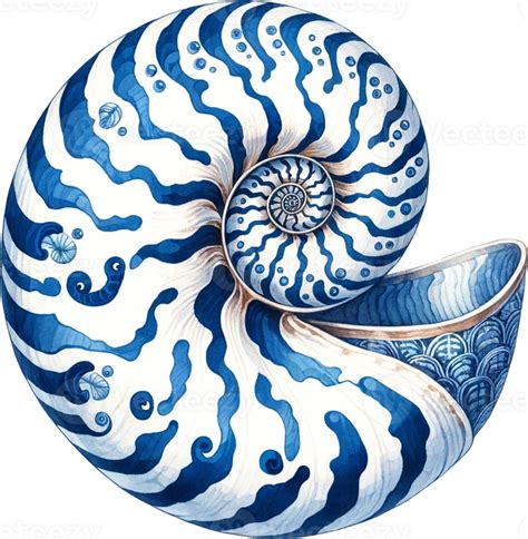 Ai Generated Artistic Nautilus Shell Design With Blue Floral Motifs