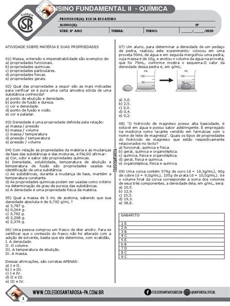 Questões Sobre Propriedades Da Matéria - Atividade sobre Propriedades da Matéria | PDF | Densidade | Substancias ...