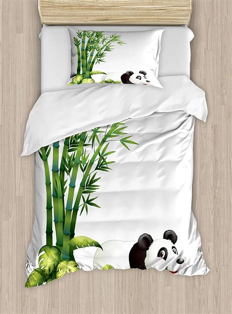 Panda Duvet Cover Set Happy Panda With Tropical Plants Bamboo Trees