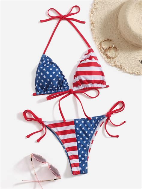 American Flag Print Halter Tie Side Bikini SHEIN USA