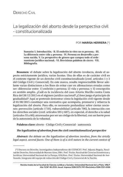 Legalización DEL Aborto Desde LA Perpesctiva Civil Revista Anales de