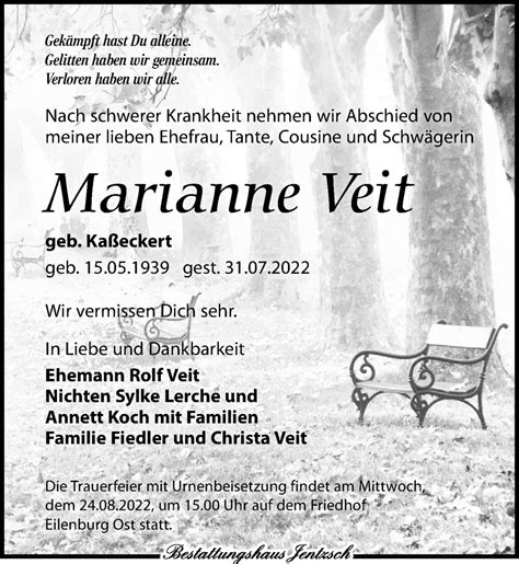 Traueranzeigen Von Marianne Veit Trauer Anzeigen De