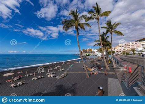 Palmeras En La Playa Con Arena De Lava Negra En Puerto Naos En La Isla