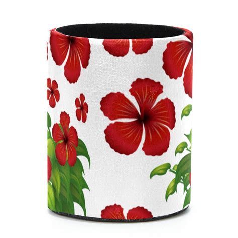 Ownta Red Hibiscus Flowers Green Leaves Pattern Pvc Leather Cylinder