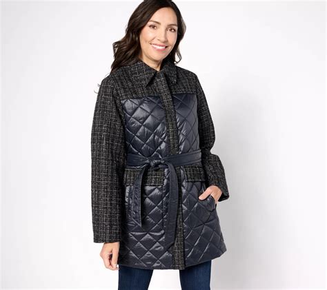 Isaac Mizrahi Live Quilted Belted Coat W Tweed Accents Qvc