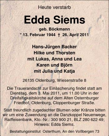 Traueranzeigen Von Edda Siems Nordwest Trauer De