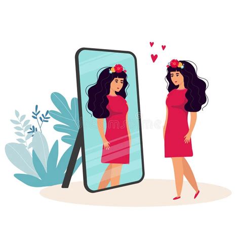 Woman Standing And Looking In Mirror Flat Style Vector Illustration Stock Vector Illustration