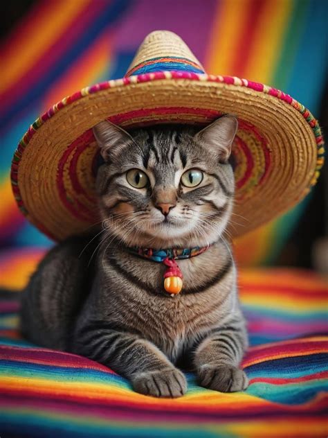 Photograph Of Cat In Sombrero On Colorful Blanket Generative Ai Stock