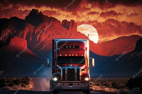 Premium Photo Large Red Truck Driving Highway Sunset And Mountains In