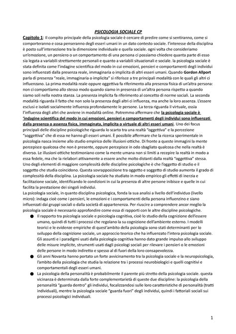 Riassunto Psicologia Sociale CP 1 PSICOLOGIA SOCIALE CP Capitolo 1