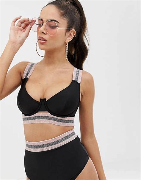 Asos Design Fuller Bust Exclusive Plunge Underwired Bikini Top With Elastic Trim Dd G Asos