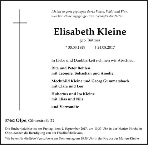 Traueranzeigen Von Elisabeth Kleine Trauer In NRW De