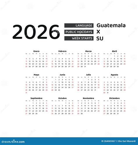 Guatemala Calendar 2026. Week Starts from Sunday. Vector Graphic Design