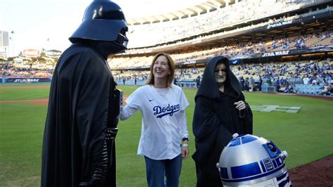 Lucasfilm President Kathleen Kennedy Throws First Pitch At Dodgers Game