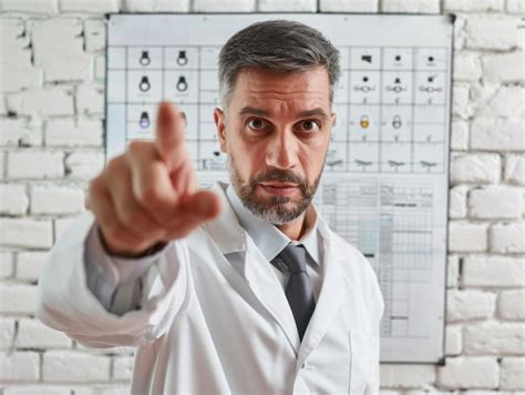 Man In Lab Coat Pointing Premium Ai Generated Image