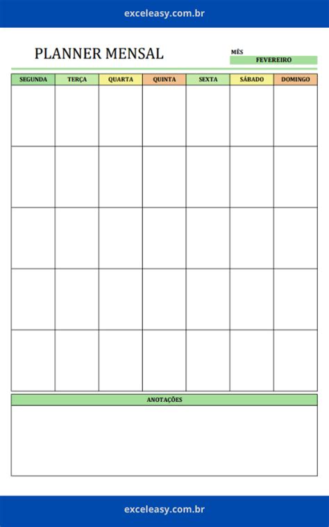 Planner Mensal Para Imprimir Modelos Gratuitos Excel Easy