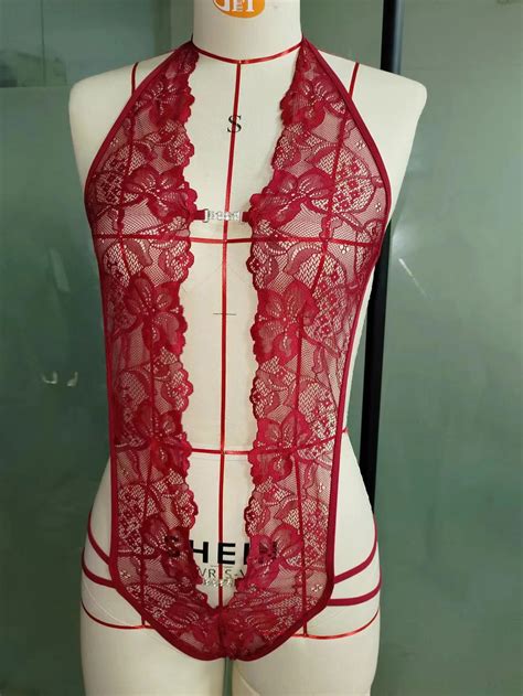 Generic Backless Lace Up Lace Sexy Lingerie Plus Size Ultra Thin Temptation Jumpsuit Flirting