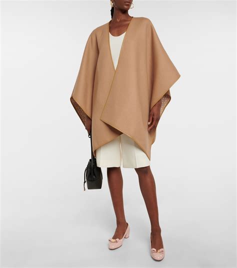 Leather Trimmed Wool Poncho In Brown Ferragamo Mytheresa