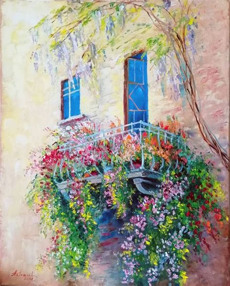 Mediterranean Bloomed Balcony Painting Пастель