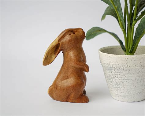 Rabbit Hand Carved Statue Wood Carving Unique Figurine Etsy