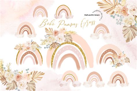 Boho Rainbow Pampas Grass Clipart Elegant Pink Flowers By Sunflower Day Love Thehungryjpeg