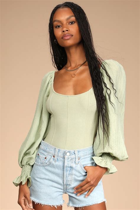 Sage Green Bodysuit Long Sleeve Bodysuit Ruffled Bodysuit Lulus