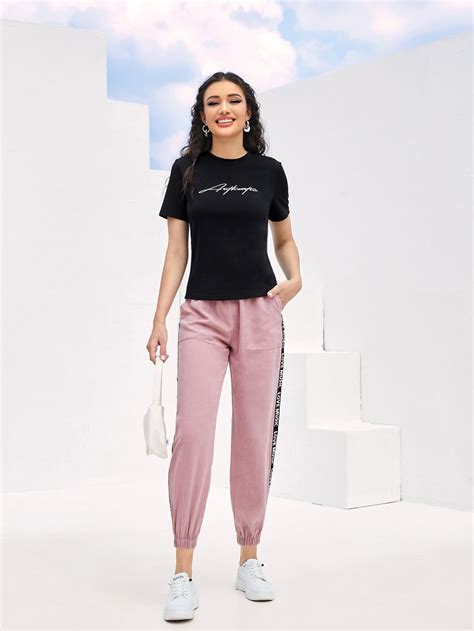 Shein Mulvari Letter Graphic Tee And Contrast Tape Sweatpants Shein Usa